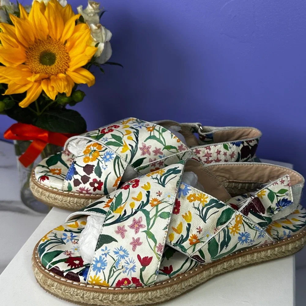 Alice + Olivia River Espadrille Sandals Floral Print Leather Size 36.5 US 6‎